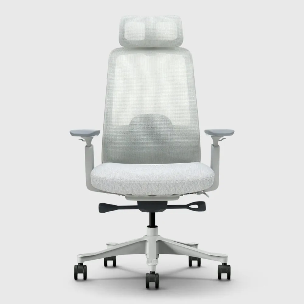 Ergonomische bureaustoel met lichtgrijze mesh rug, hoofdsteun en armleuningen