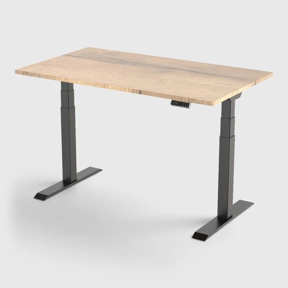 Elektrisch zit-sta bureau met eikenhouten blad en zwart onderstel